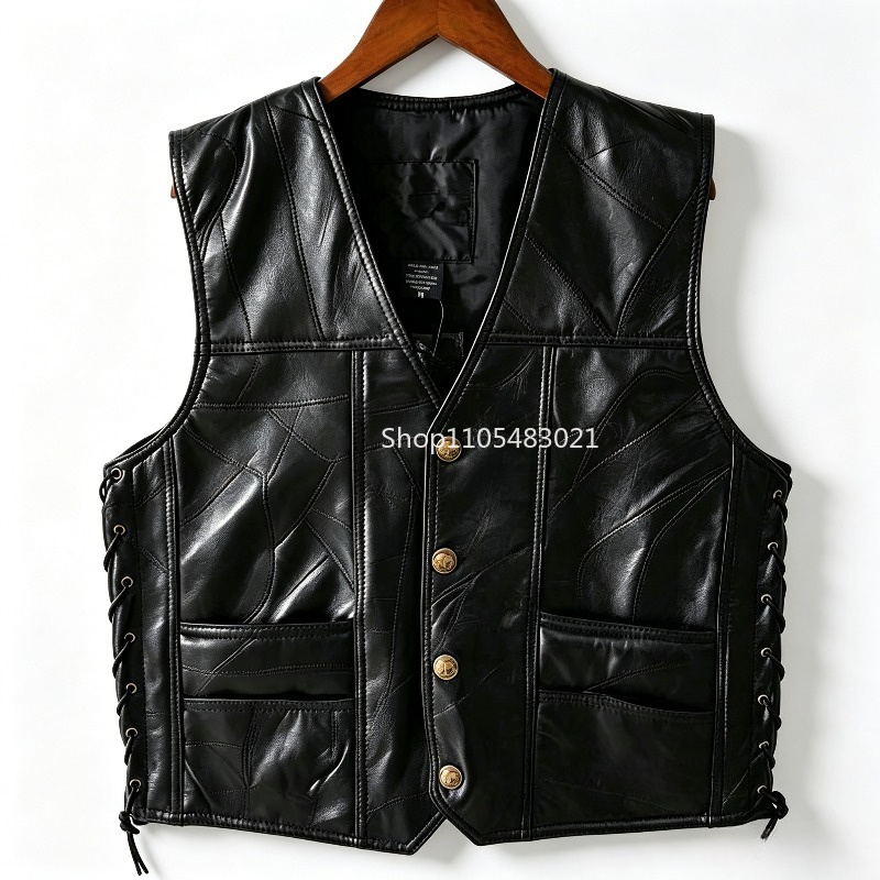 Motorcycle Gear Vest - Chaleco de Cuero Negro con Parches